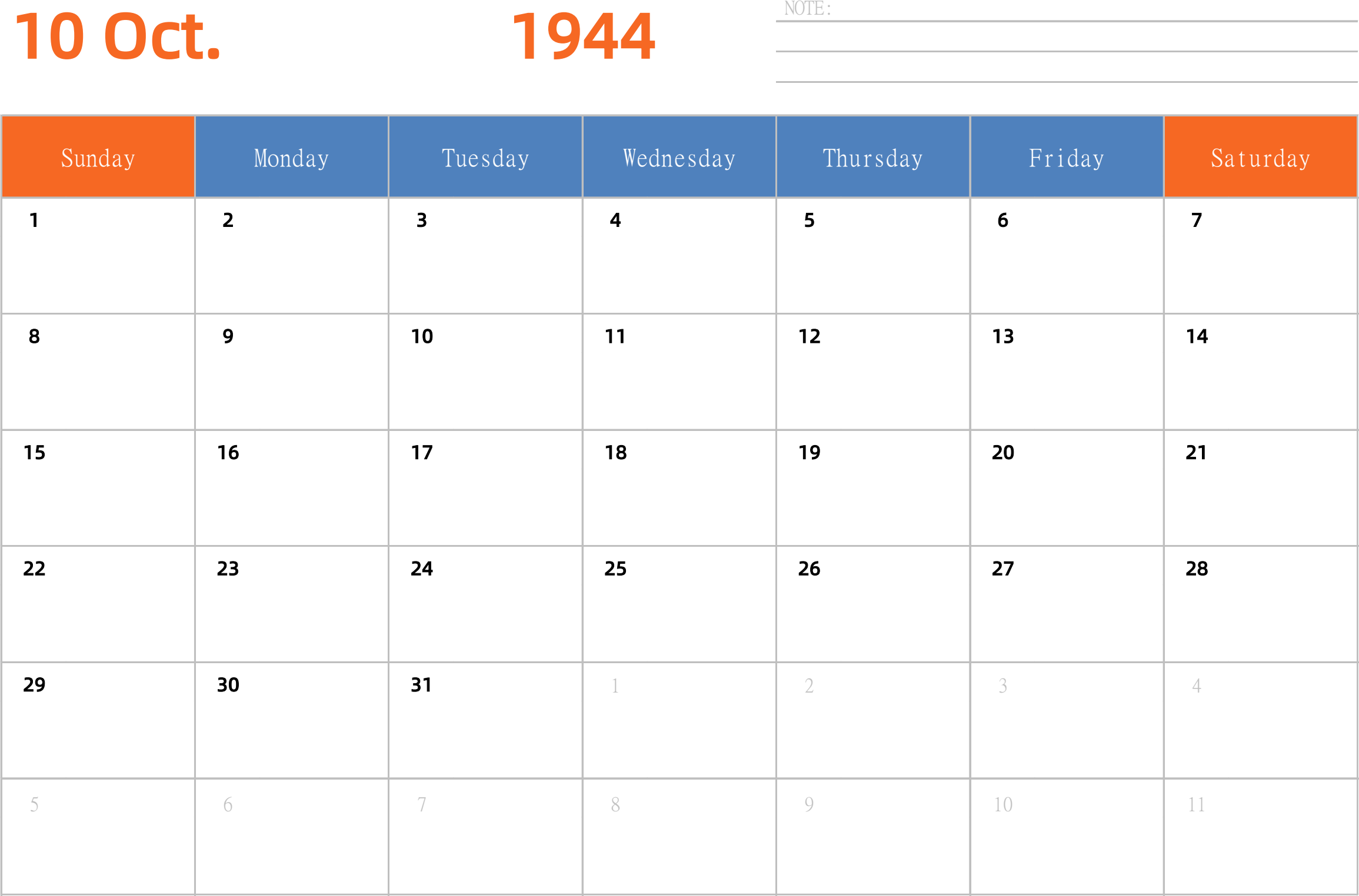 日历表1944年日历 英文版 横向排版 周日开始